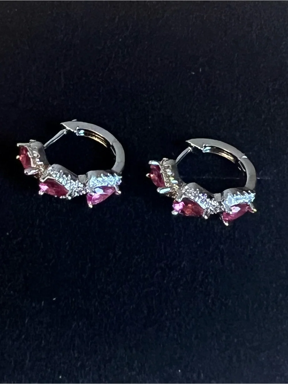Pink Teardrop Shape Hoop Earrings with Clear Accents - Silver Tone Hardware-NWOT